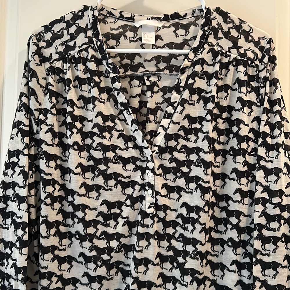 H&M equestrian western cowgirl horse print Top 3/4 Sleeves size L black white